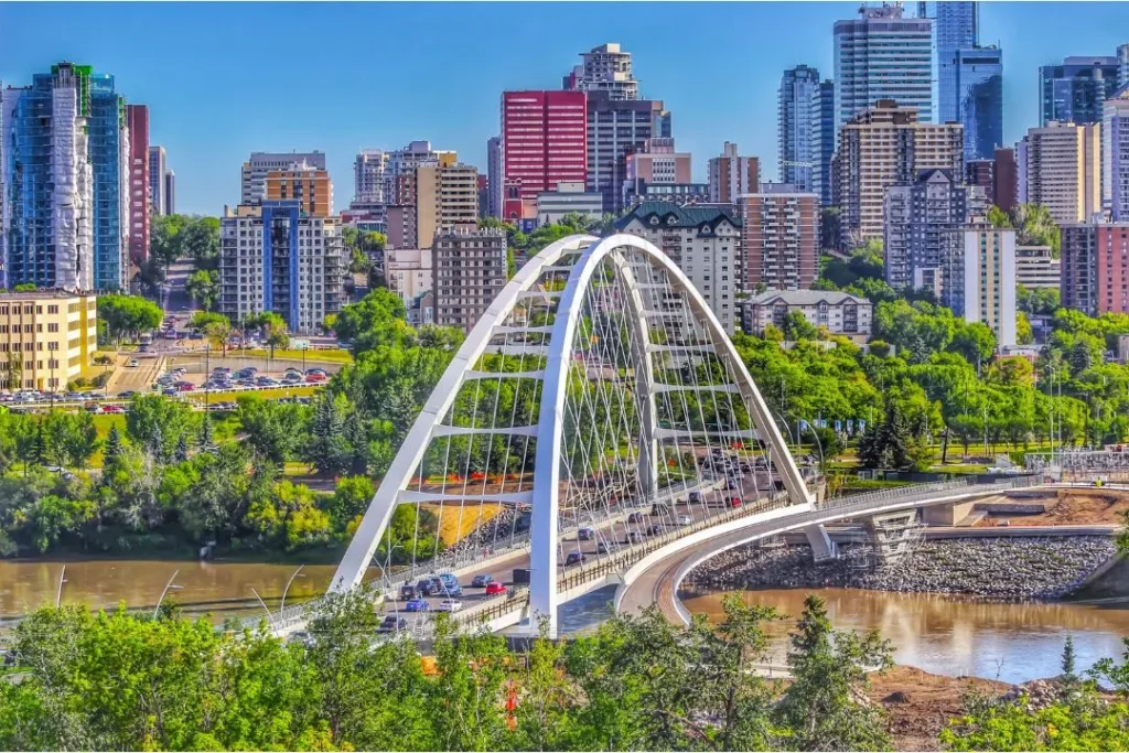 Downtown Edmonton skyline and Walterdale Bridge showing service areas for garage door repair by GD Master Ltd.