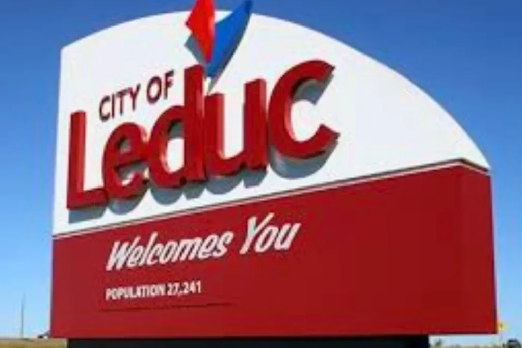 Welcome sign for City of Leduc, Alberta – GD – Master Ltd. provides garage door repair services here