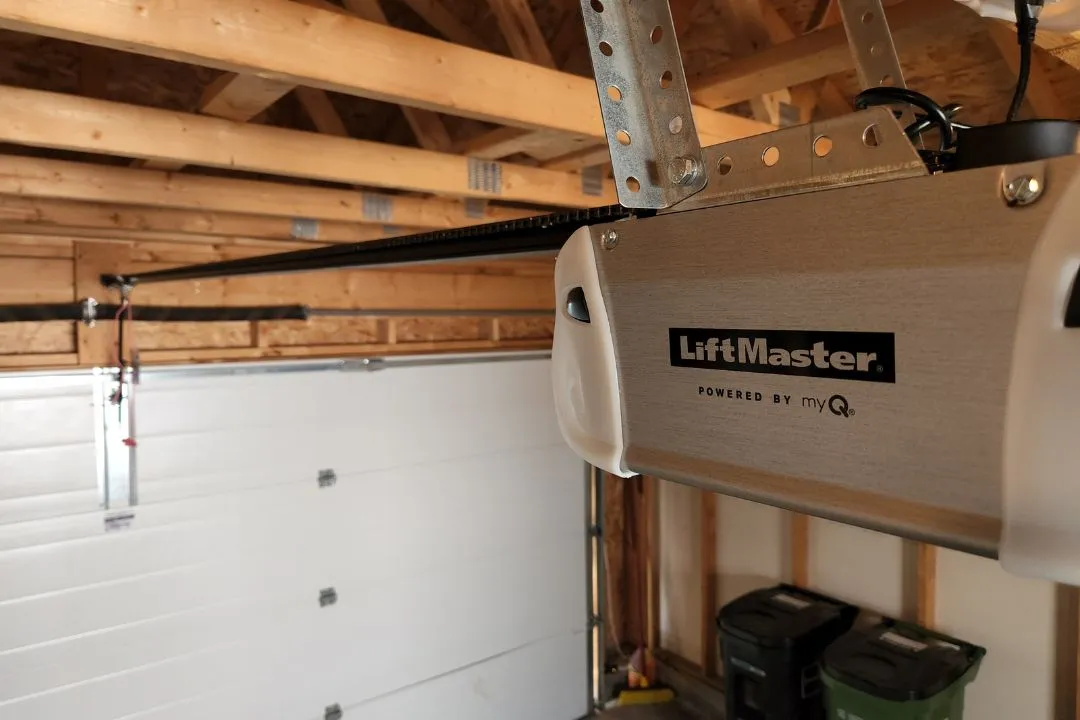LiftMaster garage door opener installed in residential garage door