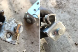 Comparison of rusty vs new garage door hardware components