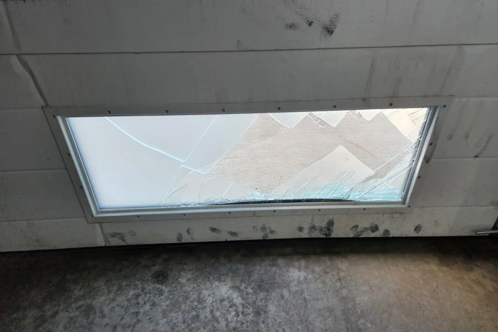 Broken lower panel garage door window with shattered safety glass needing replacement.