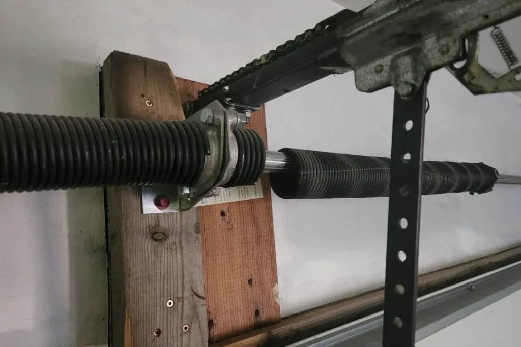 Close-up of torsion spring system inside a Sherwood Park garage