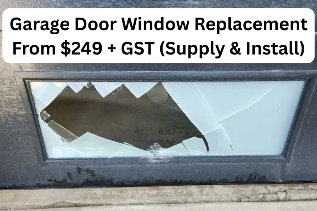 Broken garage door window before professional replacement