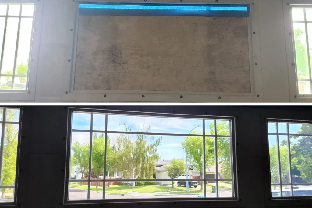 Garage door window before and after installation showing improved look and light